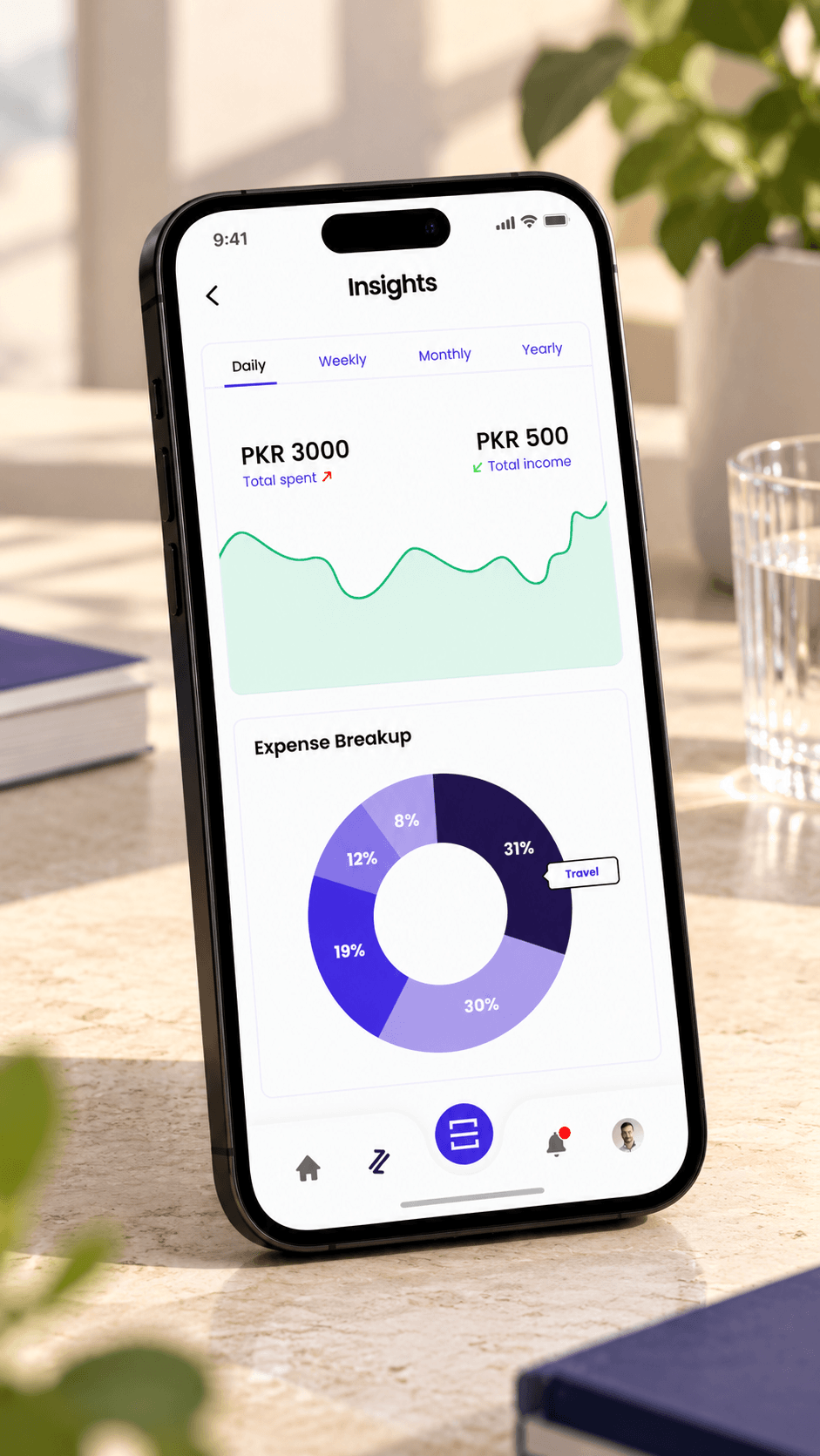 Insights screen: total spent and total income by day, week, month or year, a line chart and an expense breakdown donut