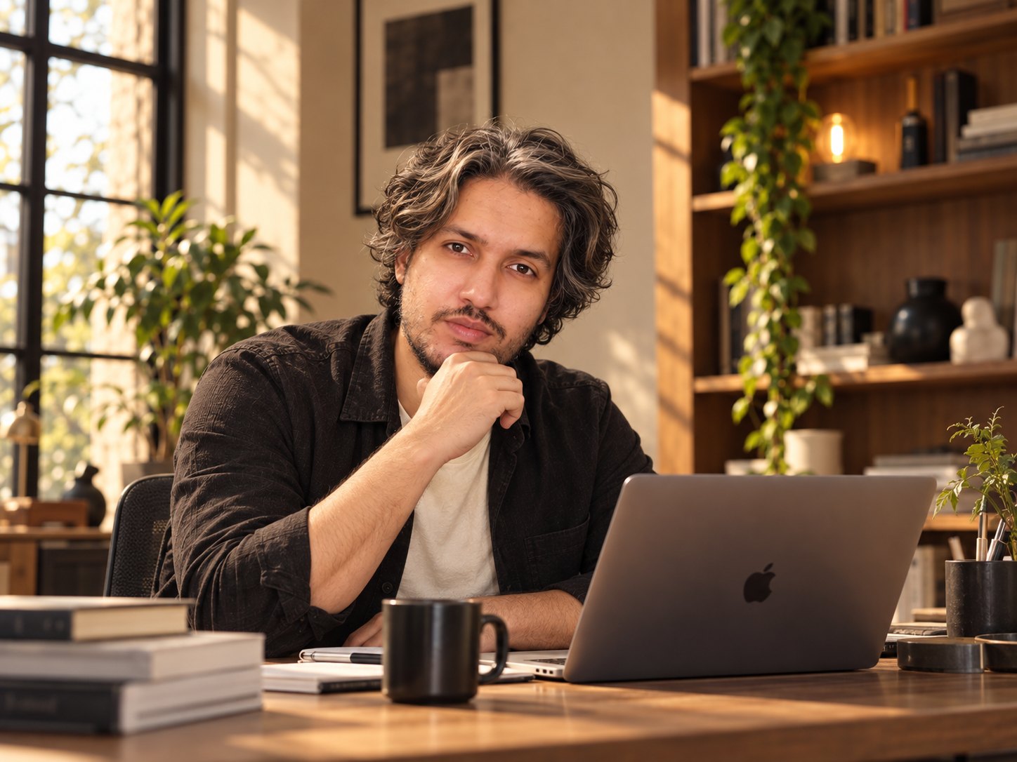 Zair Abbas, UX/UI designer based in Karachi, Pakistan, at his studio desk, looking at the camera
