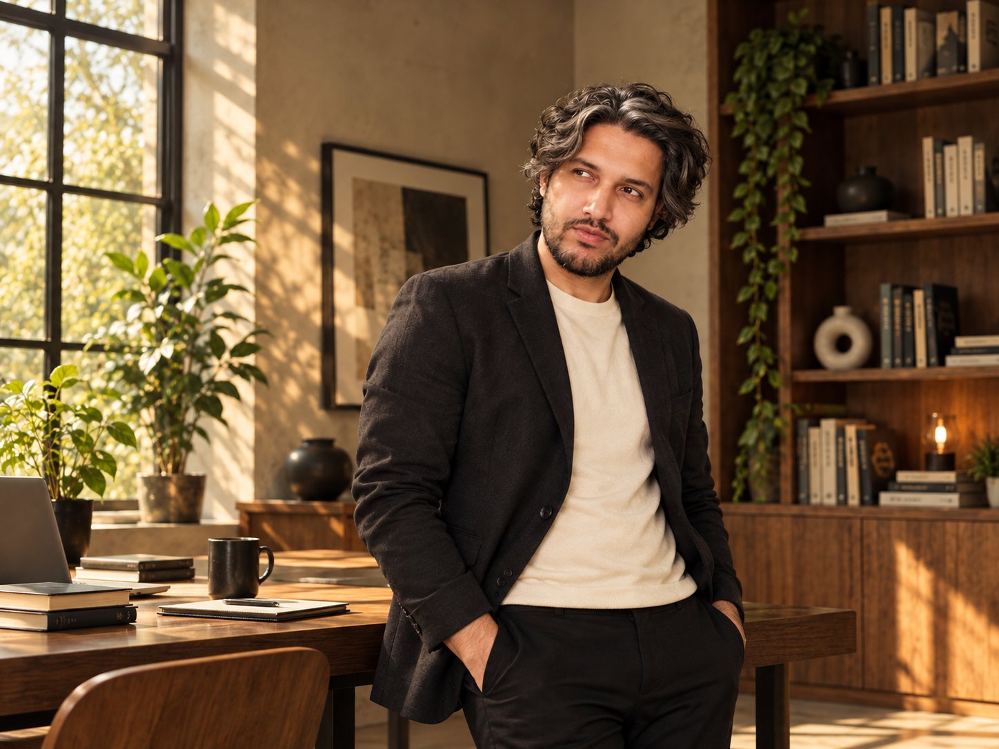 Zair Abbas, UX/UI designer based in Karachi, Pakistan, leaning on his studio desk in a charcoal blazer, looking off to the side