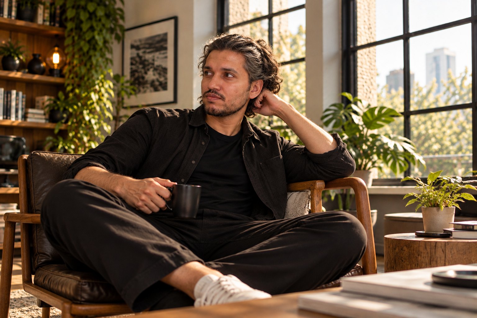 Zair Abbas relaxed in an armchair in his studio, mid conversation