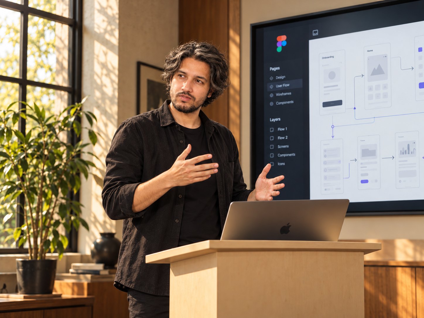 Zair at a lectern presenting a Figma user flow, gesturing with both hands