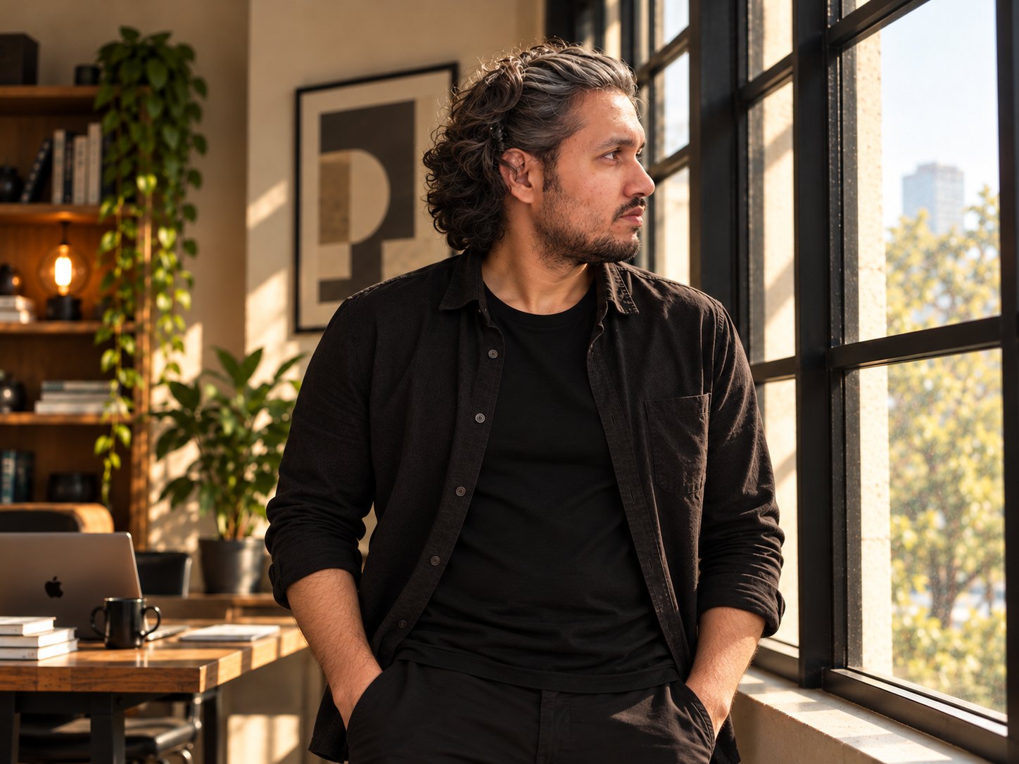Zair Abbas standing by a studio window, looking out in thought