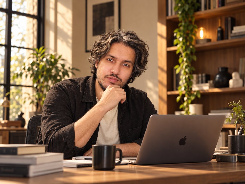 Zair Abbas at his desk with a laptop, working
