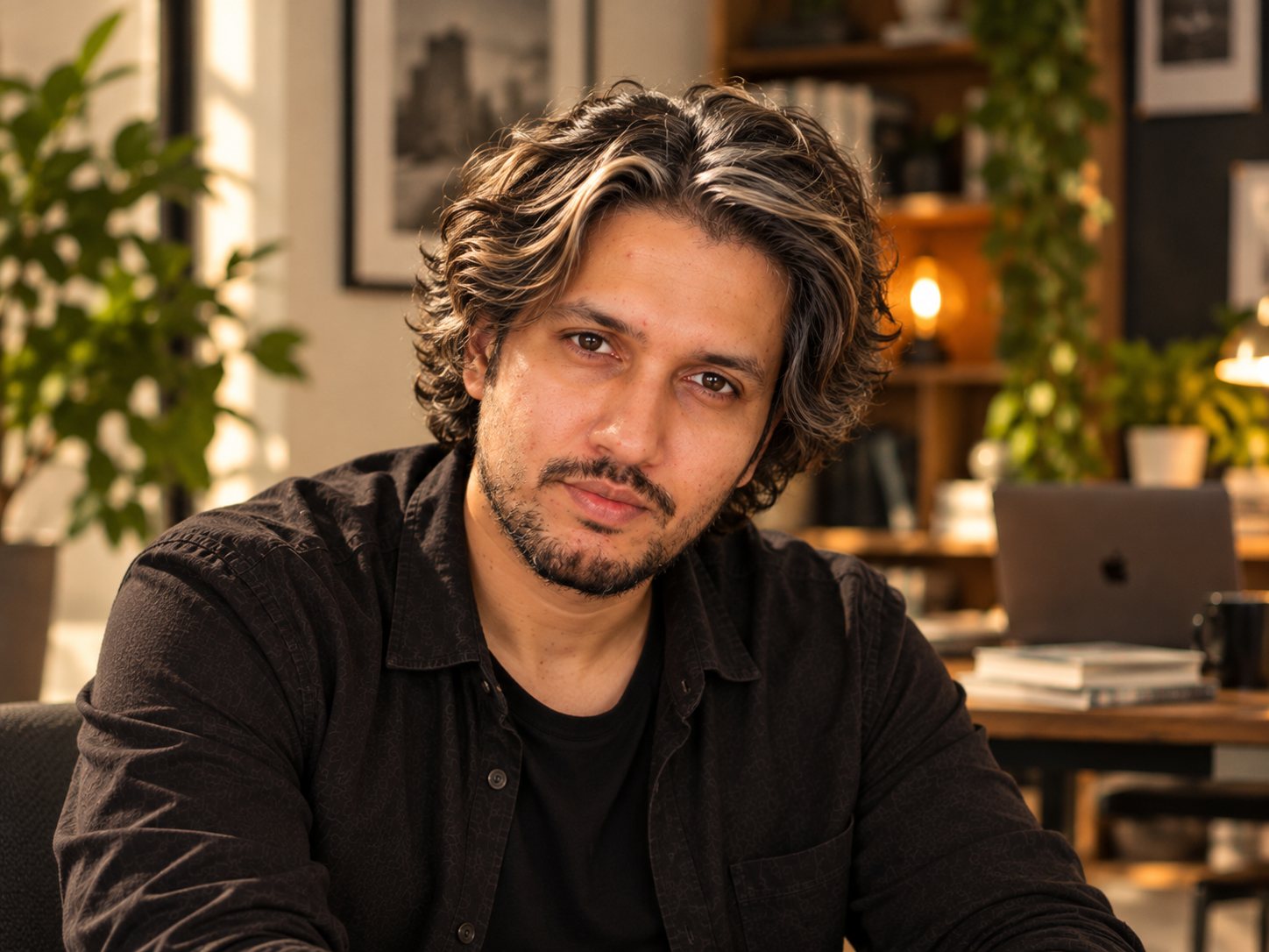 Close-up portrait of Zair in his studio, looking at the camera