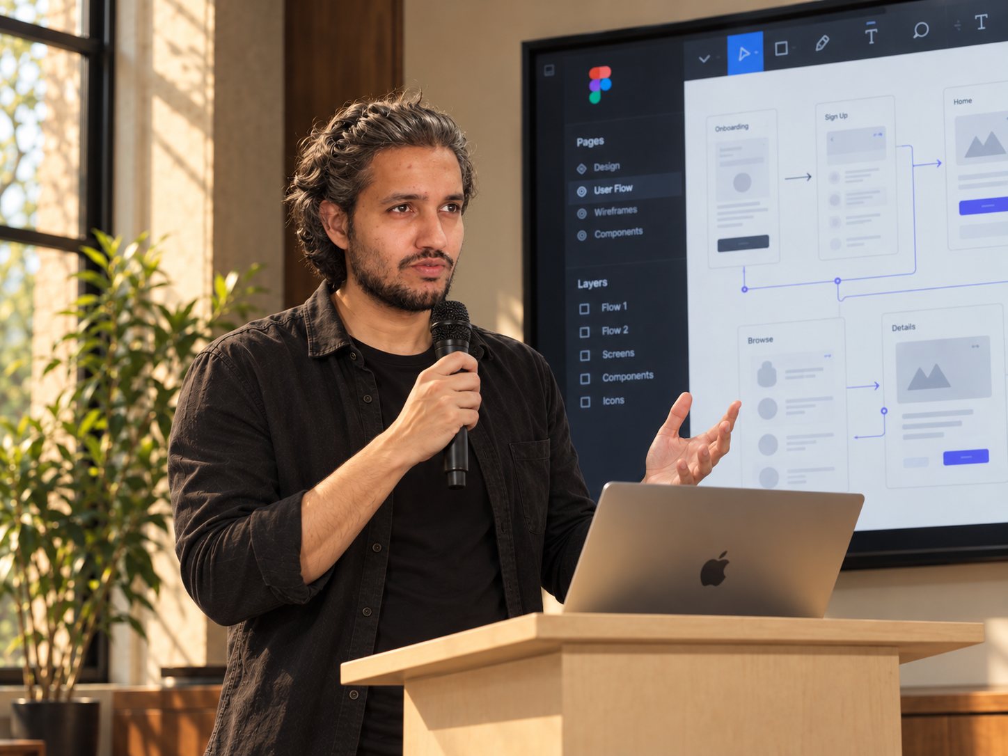 Zair Abbas, UX/UI designer based in Karachi, Pakistan, talking a group through a Figma user flow on a big screen