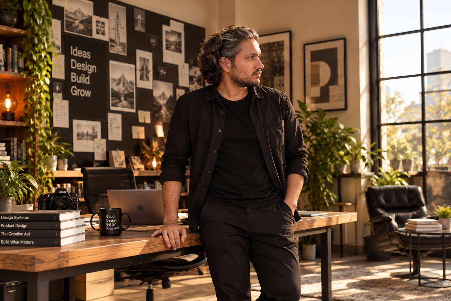 Zair Abbas standing beside a wall of pinned design work in his studio