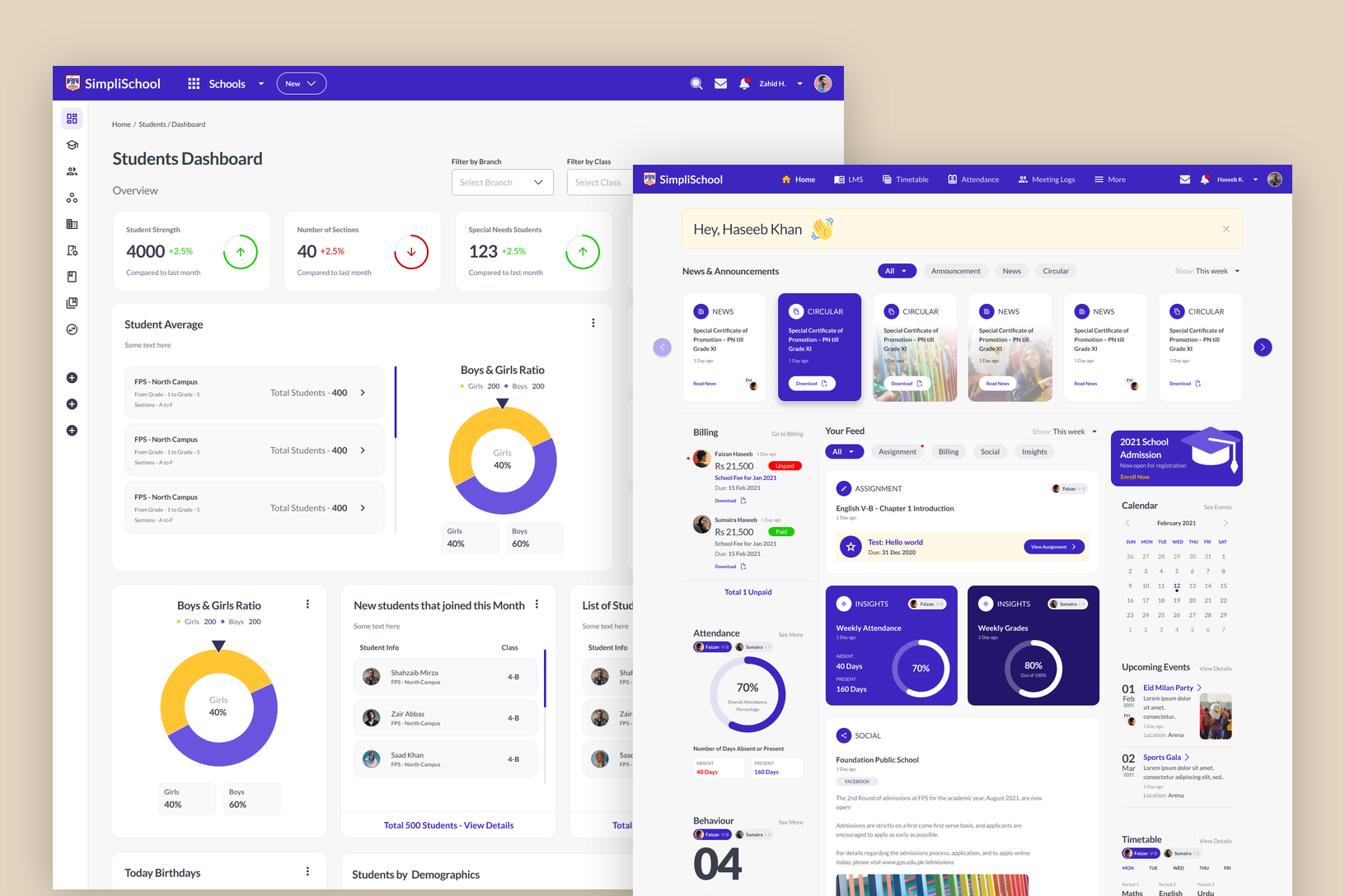 The admin's Students Dashboard with student strength, sections, campus totals and the boys and girls ratio, overlapped by the parent home with news, circulars, billing, a feed and attendance cards