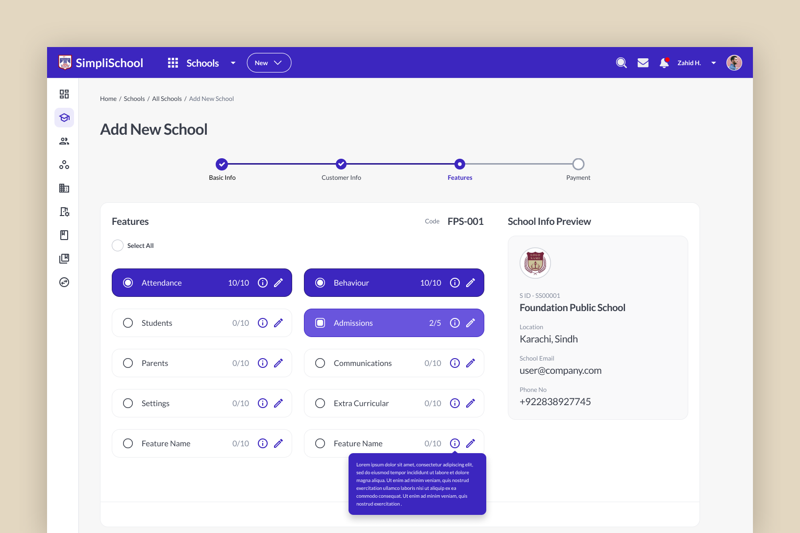 Add New School, step three of four: feature tiles for attendance, behaviour, students, admissions, parents, communications, settings and extra-curricular, each showing how many of its parts are switched on, beside a school info preview