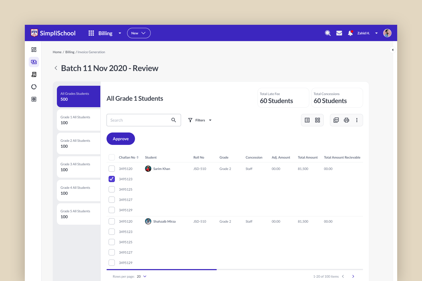Batch review for November 2020 billing: grades listed on the left with student counts, all Grade 1 students in a table with challan numbers, concessions and amounts, and an Approve button