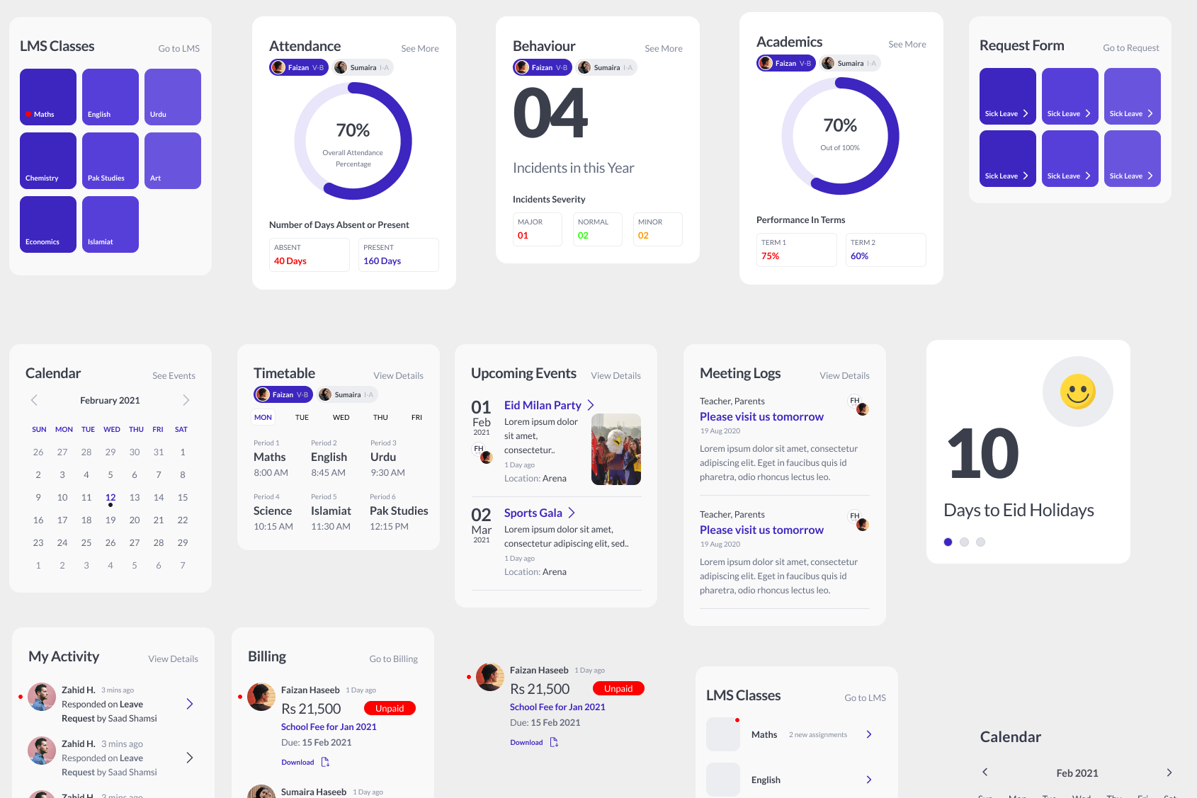 Card components from the design system: attendance and academics rings, behaviour incidents, LMS classes, request forms, calendar, timetable, upcoming events, meeting logs and a holiday countdown