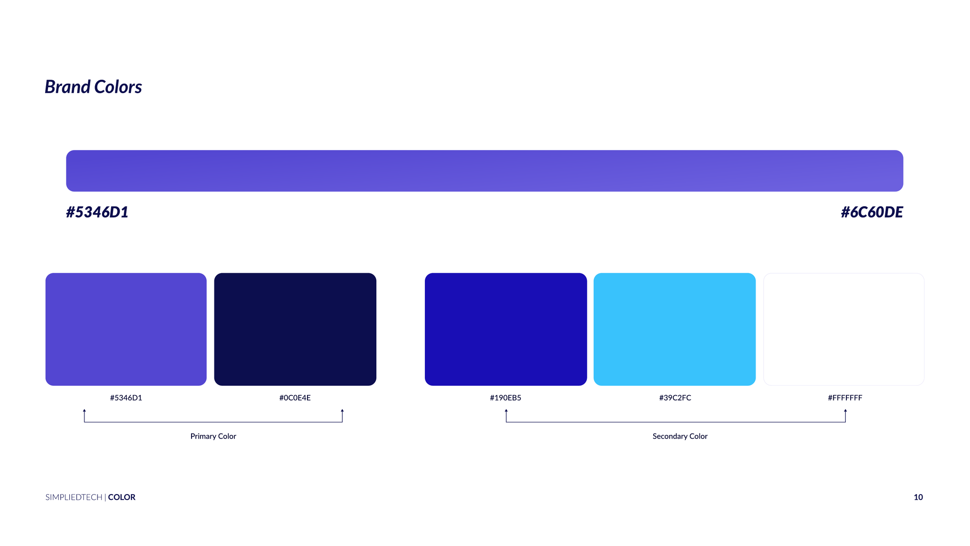 Brand colours page: indigo #5346D1 and navy #0C0E4E as primary colours, royal blue, sky blue and white as secondary