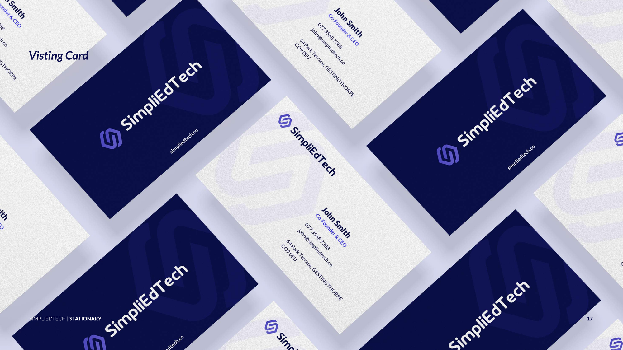 SimpliEdTech business cards laid out at an angle, navy fronts with the logo and white backs with contact details
