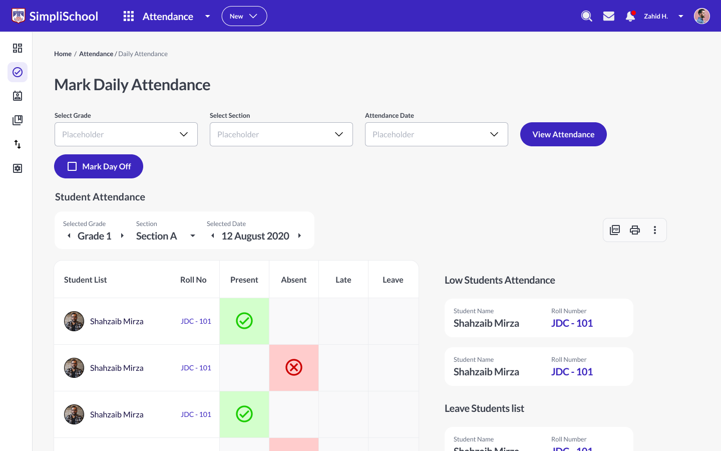 Daily attendance for a section: each student in a row with present, absent, late and leave marks for the day