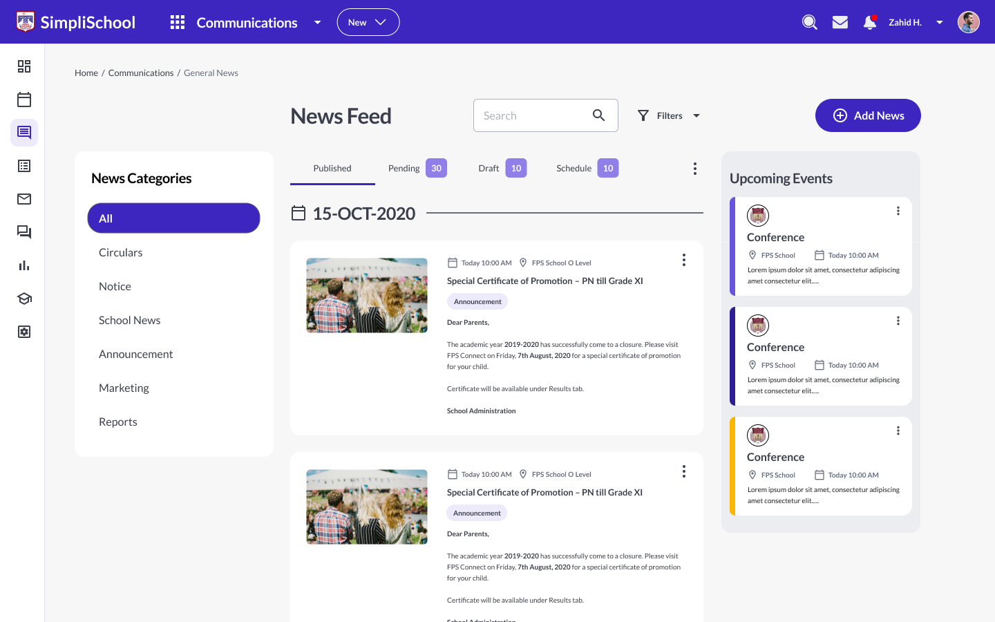 News feed with categories on the left, dated posts with photos in the middle and upcoming events on the right