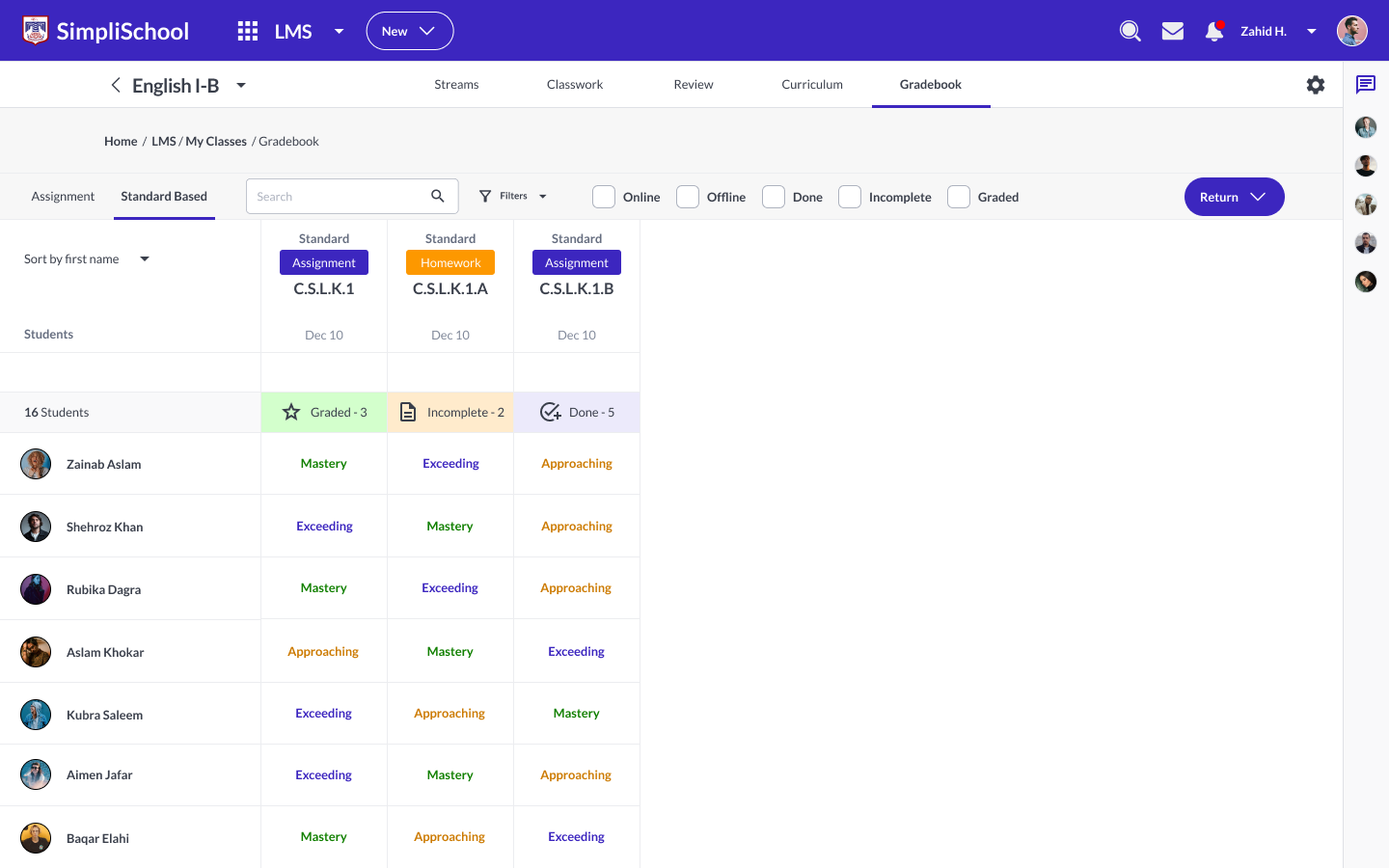Standard-based gradebook: students down the side, assessments across the top, each cell marked emerging, approaching, meeting or exceeding