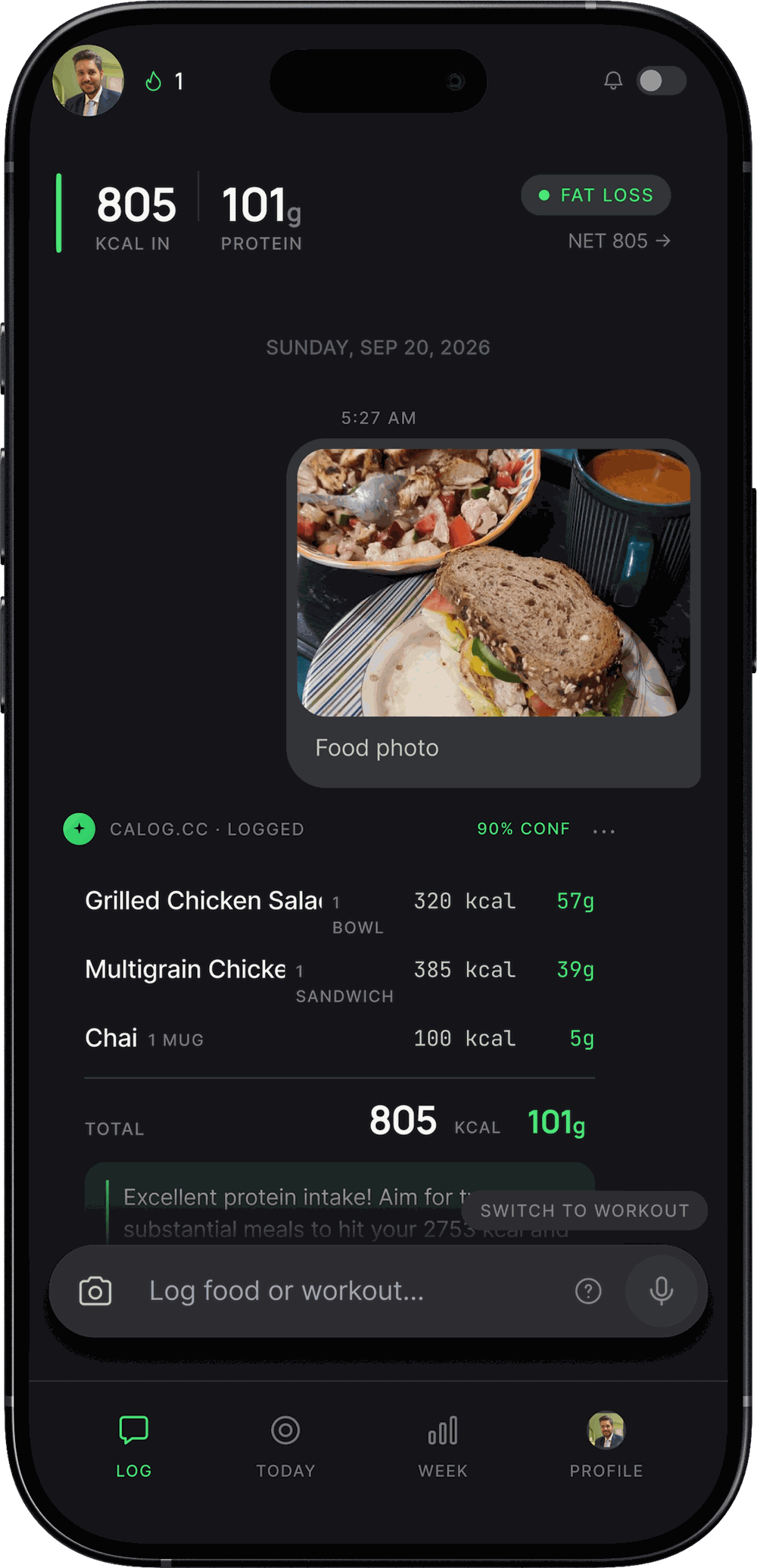 calog.cc logging a food photo of a chicken sandwich, salad and chai, marked 90% confident and logged