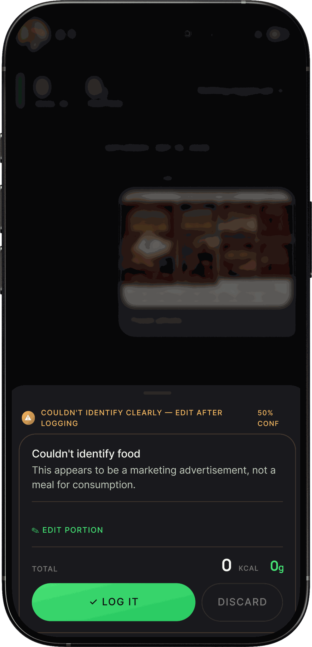 calog.cc at 50% confidence: it could not identify the food clearly and asks the user to edit the portion before logging