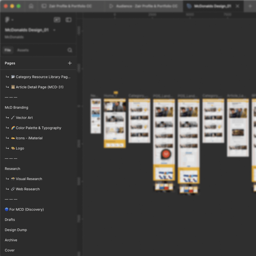A Figma file with every screen of an app laid out side by side