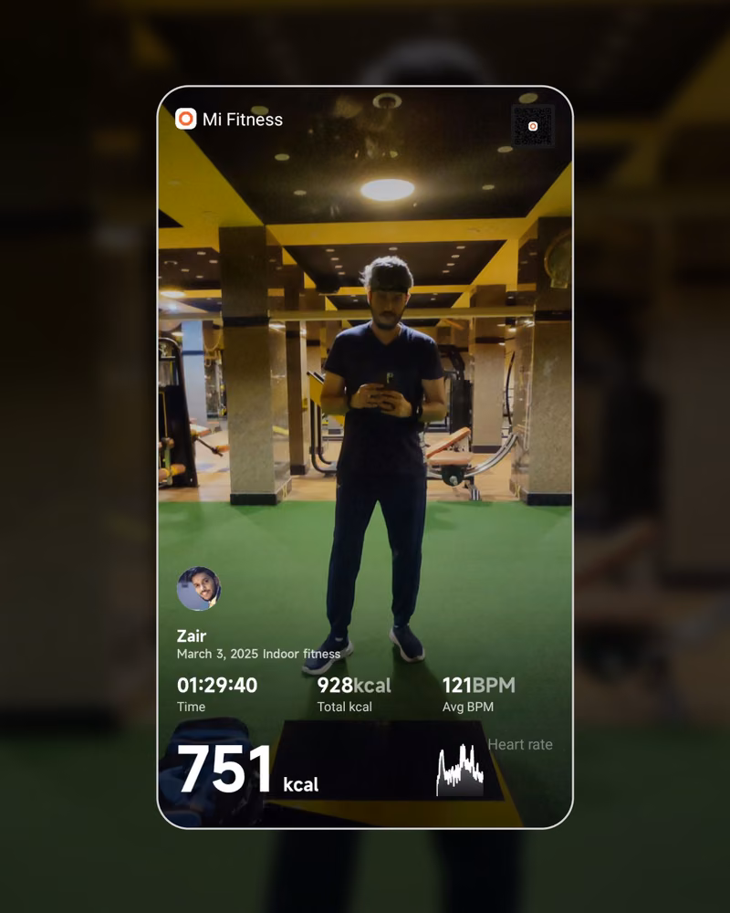 Zair's Mi Fitness workout summary from the gym: 1 hour 29 minutes of indoor fitness